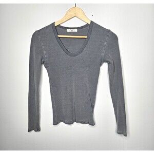 PERFECT WHITE TEE Thermal Top Waffle Knit Women XS Long Sleeve V Neck Blue Gray
